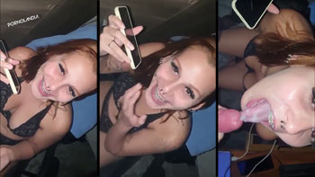 Novinha falando com corno no celular levando gozada na boca