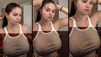 Selena Gomez em nude se arrumando com blusa transparente